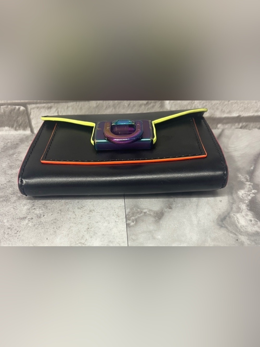 Michael Kors Manhattan Small Flap Wallet Black Neon Contrast Rare - Picture 7 of 10